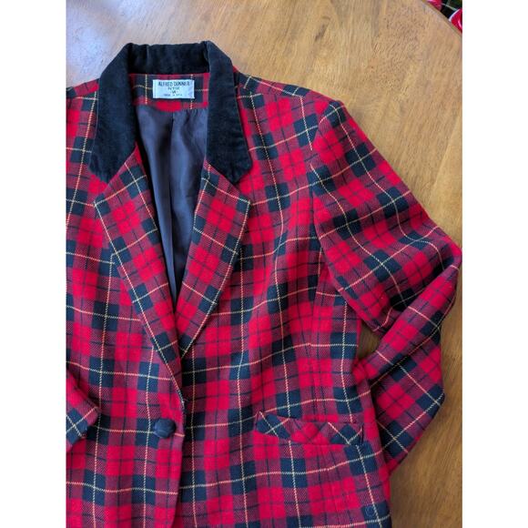 Vintage Alfred Dunner Tartan Blazer Red Wool Velvet Collar 14P Holiday 90s Boxy - Picture 9 of 11